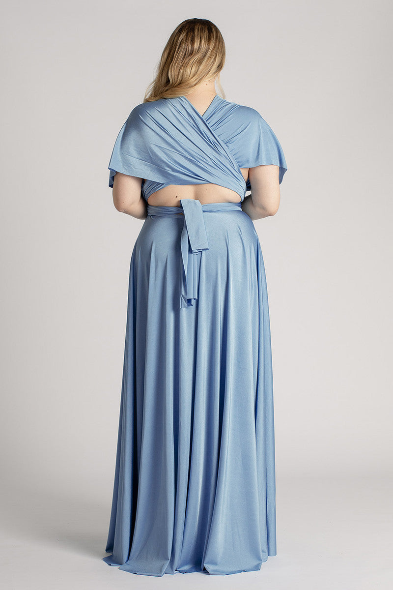 Luxe Satin Ballgown Multiway Infinity Dress in Dusty Blue Model Chic Luxe Satin Ballgown Multiway Infinity Dress in Dusty Blue Model Chic