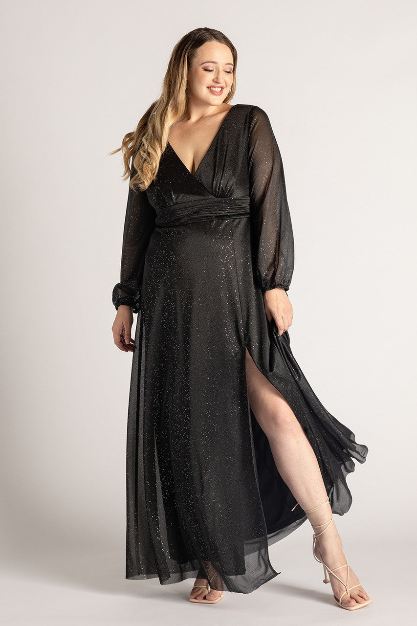 Stella Long Sleeved Sparkly Split Formal Dress in Black