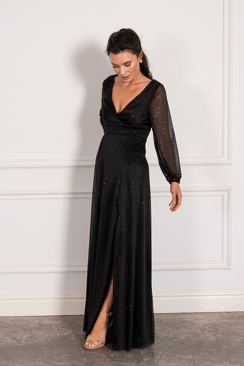 Stella Long Sleeved Sparkly Split Formal Dress in Black