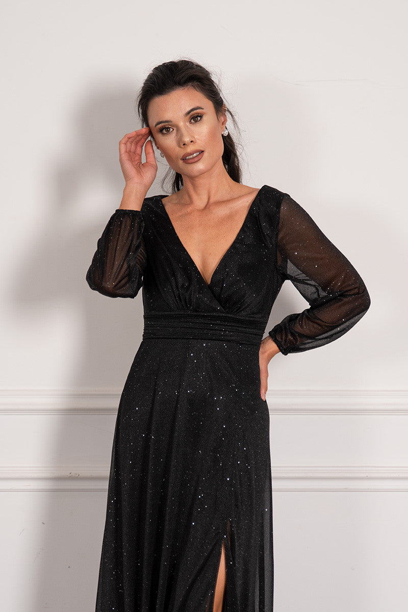 Stella Long Sleeved Sparkly Split Formal Dress in Black