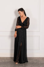 Stella Long Sleeved Sparkly Split Formal Dress in Black