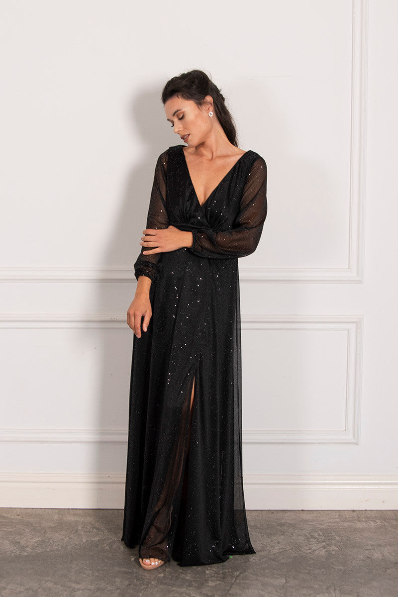 Stella Long Sleeved Sparkly Split Formal Dress in Black