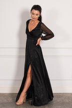 Stella Long Sleeved Sparkly Split Formal Dress in Black