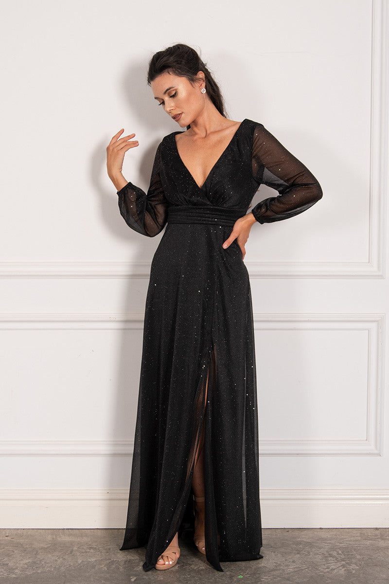 Stella Long Sleeved Sparkly Split Formal Dress in Black