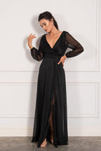 Stella Long Sleeved Sparkly Split Formal Dress in Black
