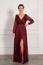 Stella Long Sleeved Sparkly Split Formal Dress in Burgundy