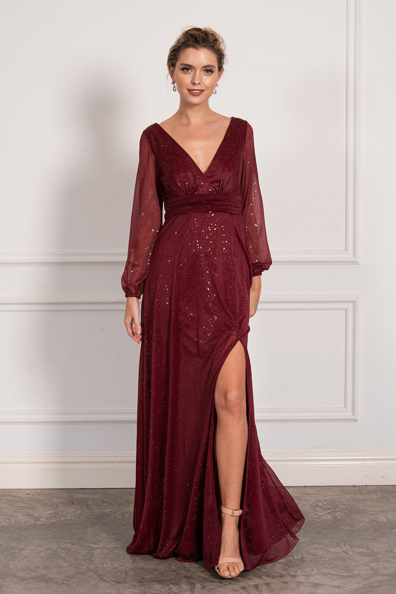 Stella Long Sleeved Sparkly Split Formal Dress in Burgundy