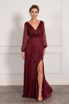 Stella Long Sleeved Sparkly Split Formal Dress in Burgundy