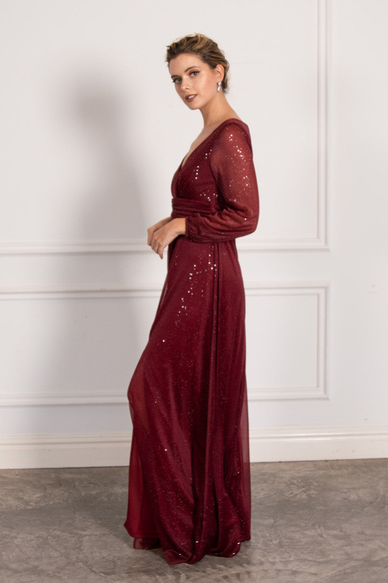 Stella Long Sleeved Sparkly Split Formal Dress in Burgundy