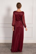 Stella Long Sleeved Sparkly Split Formal Dress in Burgundy