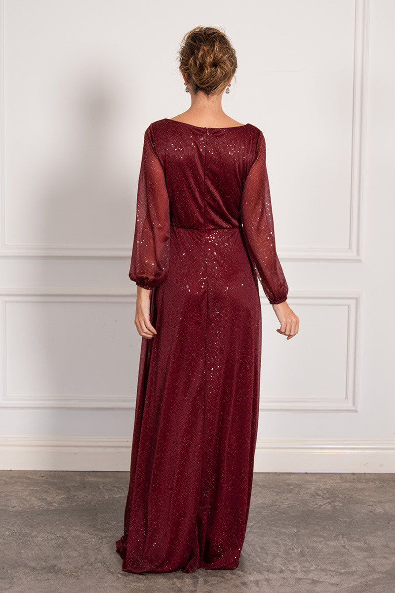 Stella Long Sleeved Sparkly Split Formal Dress in Burgundy