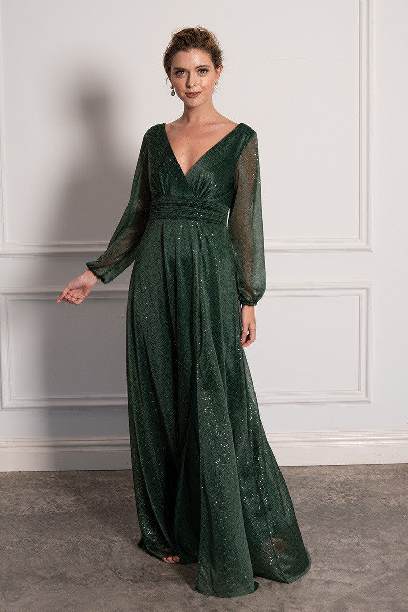 Stella Long Sleeved Sparkly Split Formal Dress in Emerald Green