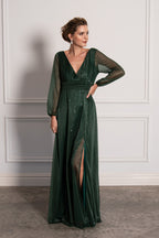 Stella Long Sleeved Sparkly Split Formal Dress in Emerald Green