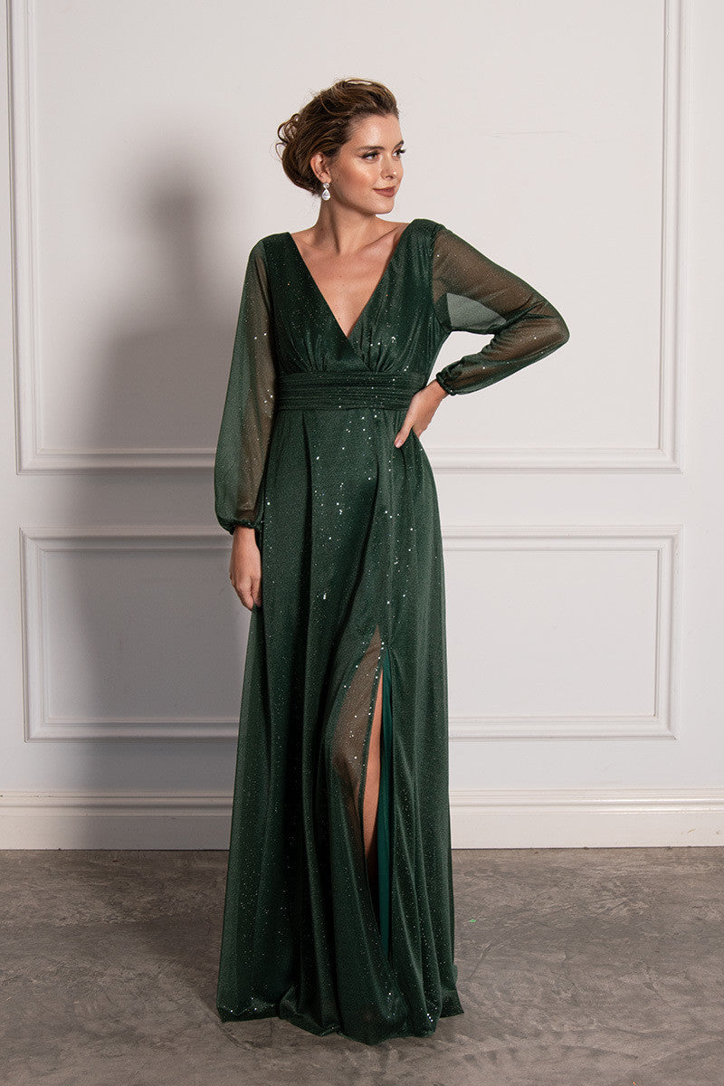 Stella Long Sleeved Sparkly Split Formal Dress in Emerald Green