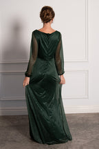 Stella Long Sleeved Sparkly Split Formal Dress in Emerald Green