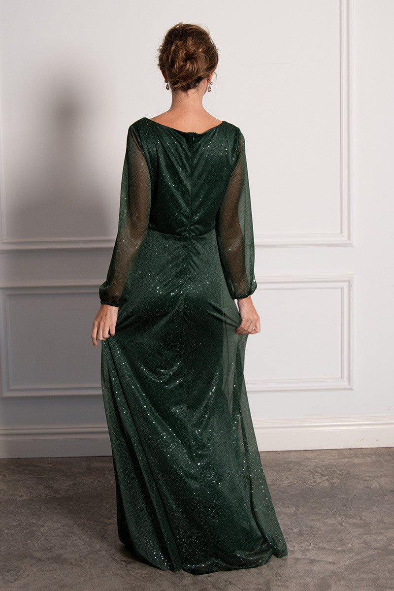Stella Long Sleeved Sparkly Split Formal Dress in Emerald Green
