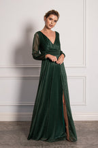 Stella Long Sleeved Sparkly Split Formal Dress in Emerald Green