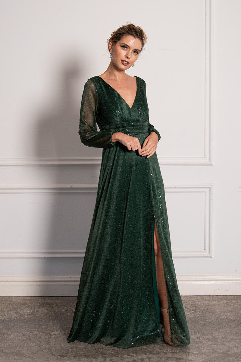 Stella Long Sleeved Sparkly Split Formal Dress in Emerald Green