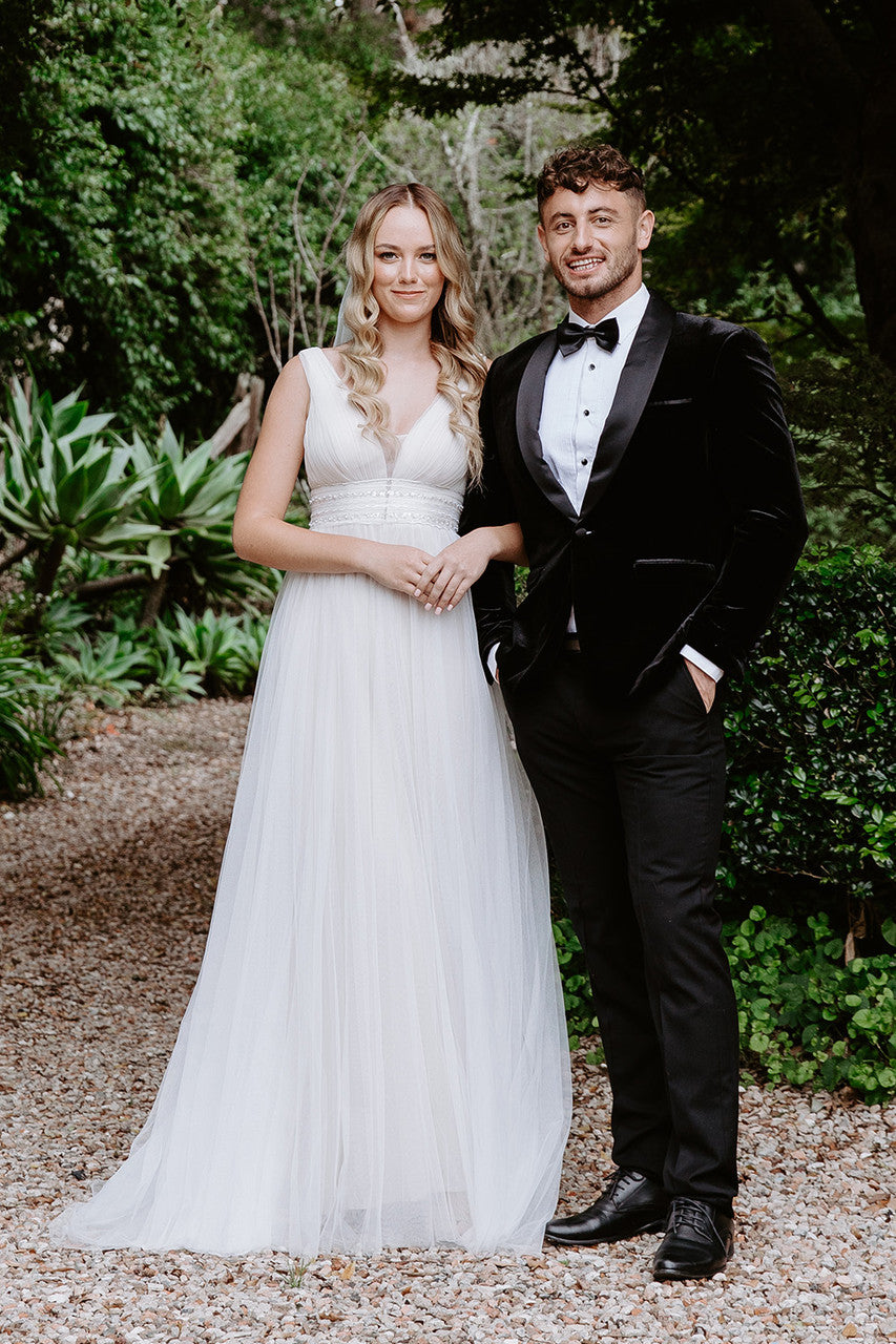 Elodie Embellished Pearl Tulle Wedding Dress In Champagne Ivory