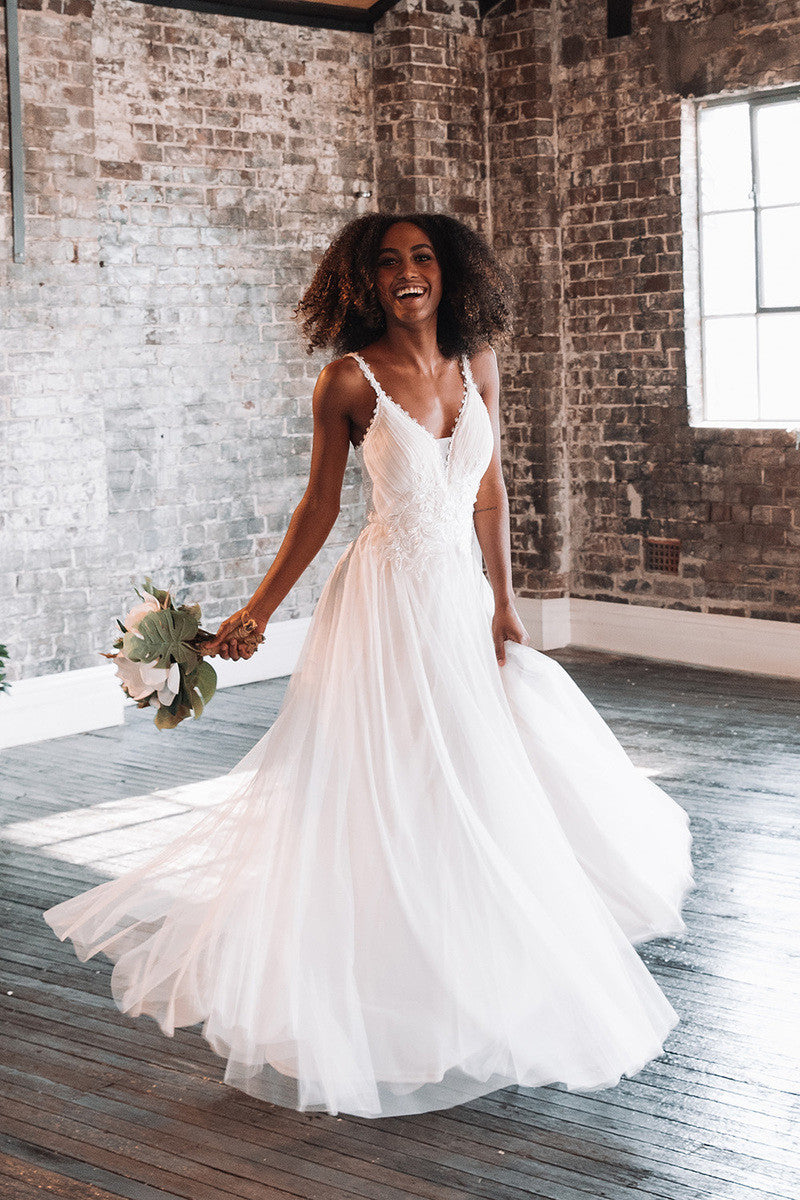 Shop the Florence Embellished Tulle Wedding Dress in Champagne Ivory - Wedding Dresses For Sale | Model Chic Shop the Florence Embellished Tulle Wedding Dress in Champagne Ivory - Wedding Dresses For Sale | Model Chic